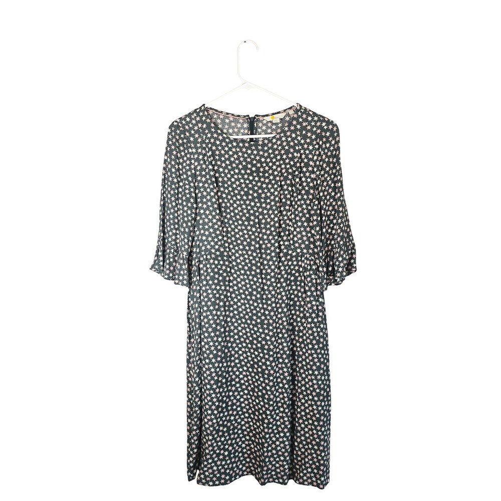 Boden Women Floral Print Ruffle Cuff Shift Dress Green Pink US 4L